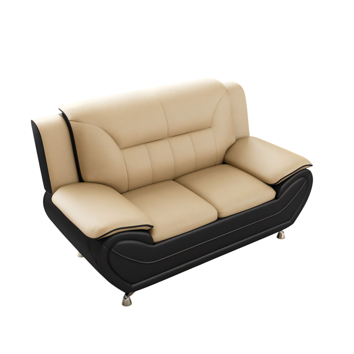 Camel-beige and black upholstered loveseat sofa with padded arms and tufted back