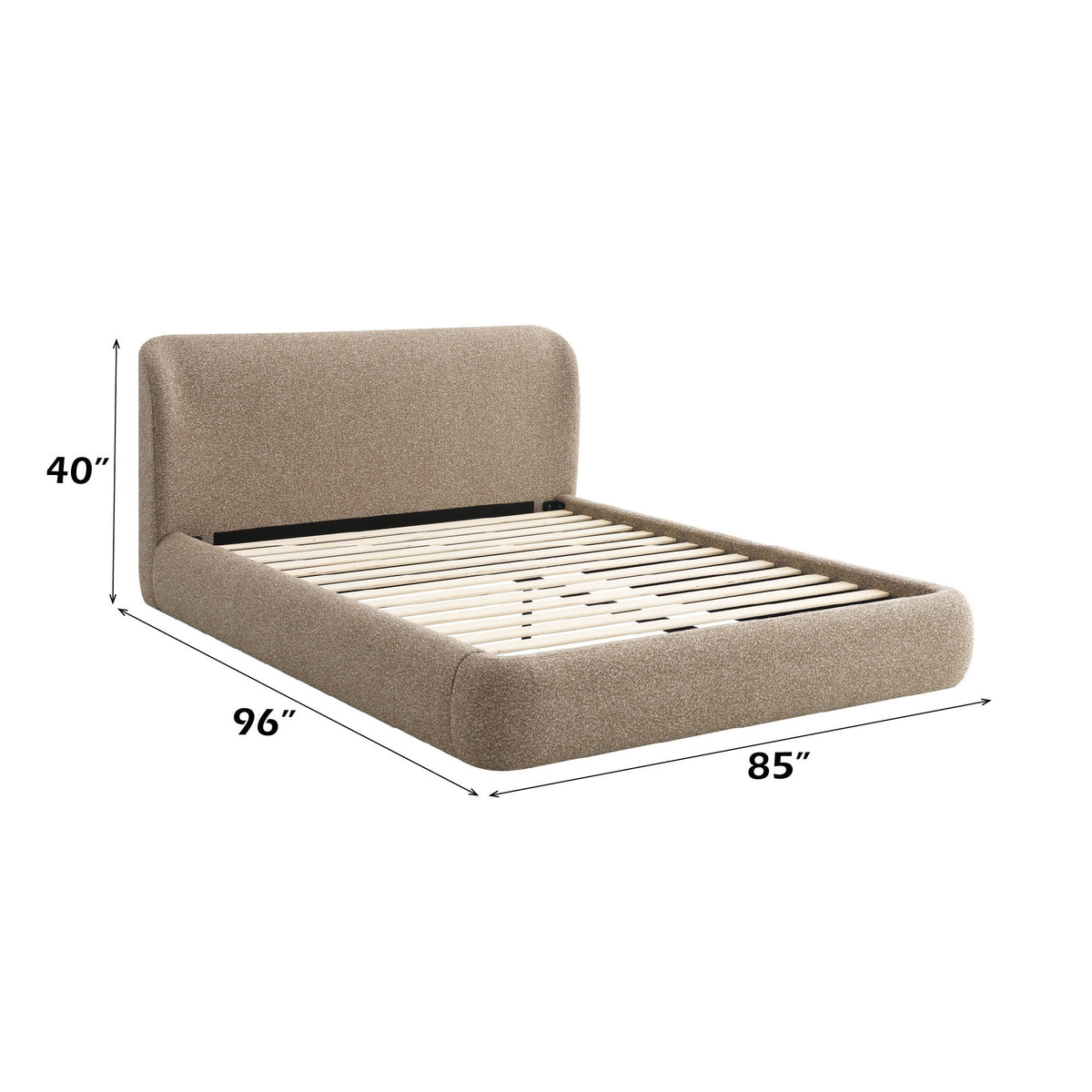 Erica bed light brown upholstered fabric, 96 in x 85 in, with slat platform