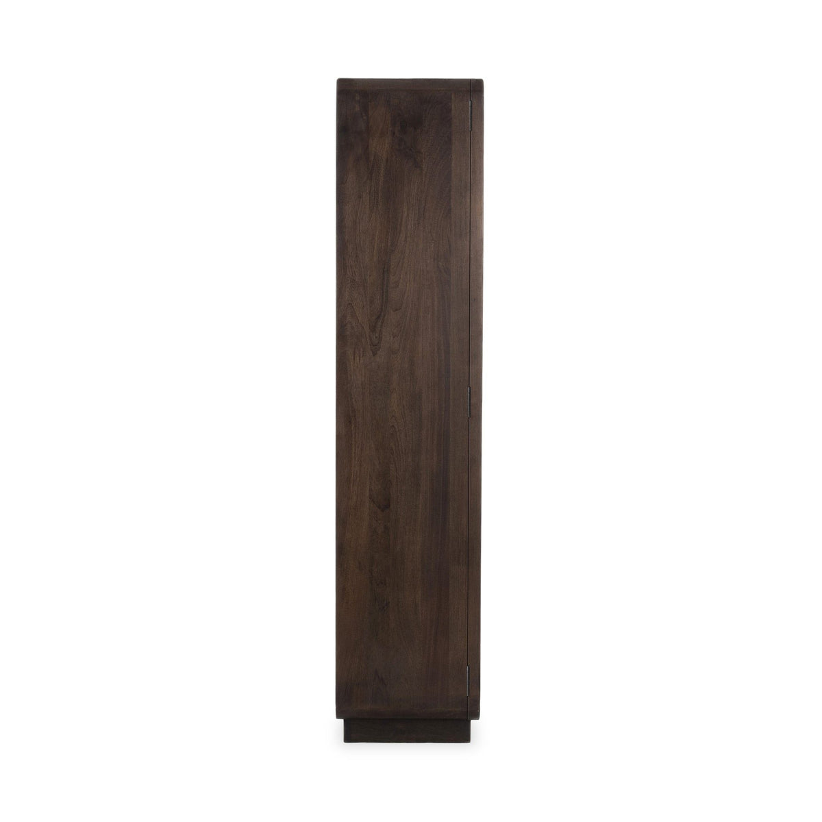 Dark brown solid wood tall cabinet side panel view with smooth wood finish