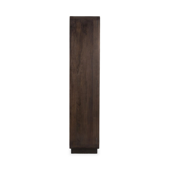 Dark brown solid wood tall cabinet side panel view with smooth wood finish