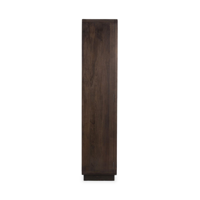 Dark brown solid wood tall cabinet side panel view with smooth wood finish