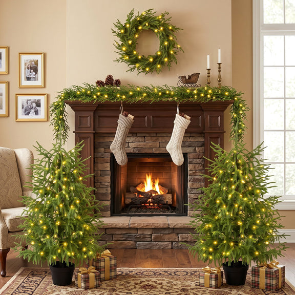 Pre-lit green artificial Christmas trees, wreath, and garland with warm LED lights