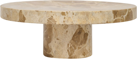 Round genuine marble tray with beige top and matching pedestal base, natural veining
