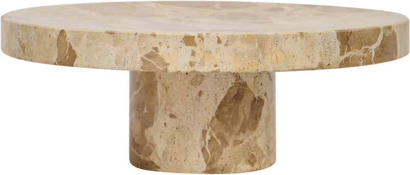 Round genuine marble tray with beige top and matching pedestal base, natural veining