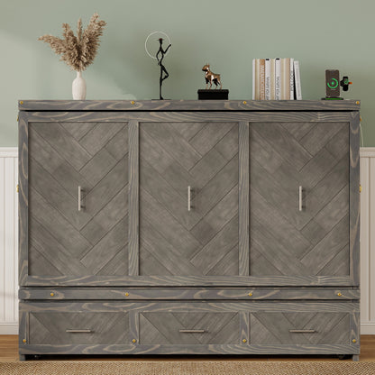 Queen Size Murphy Bed, Pine Wood Cabinet Bed with Built-in USB Charging Station and Geometrical Decoration Panel, Grey