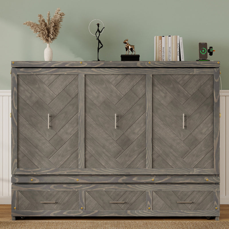 Queen Size Murphy Bed, Pine Wood Cabinet Bed with Built-in USB Charging Station and Geometrical Decoration Panel, Grey