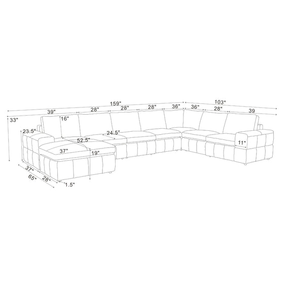 Modular sectional sofa with ottoman size diagram, square arms, multiple seat modules