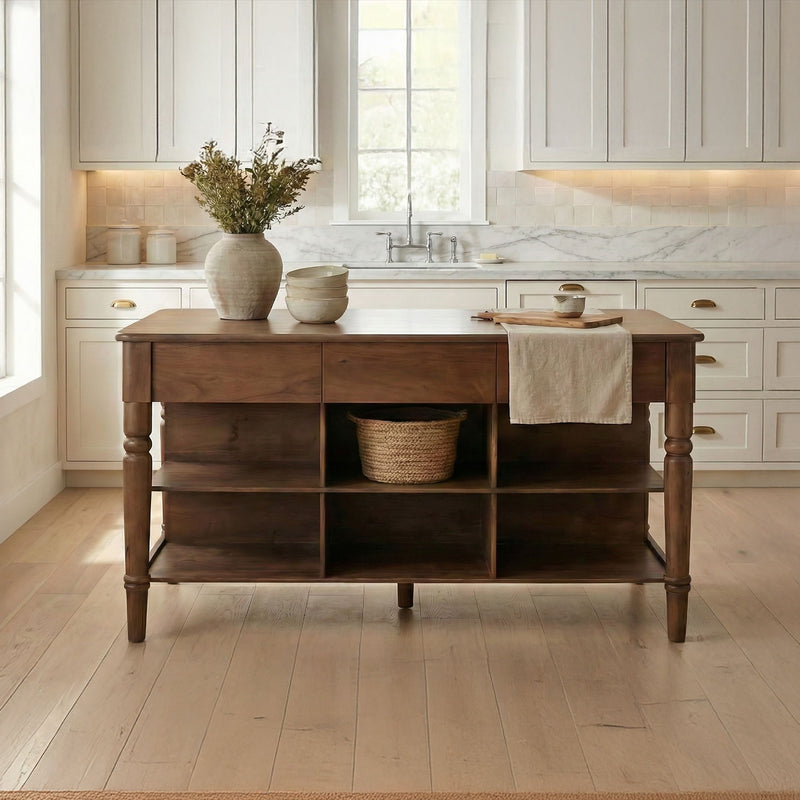 Brown wooden kitchen island with six open cubbies and a broad countertop, shown in a kitchen.