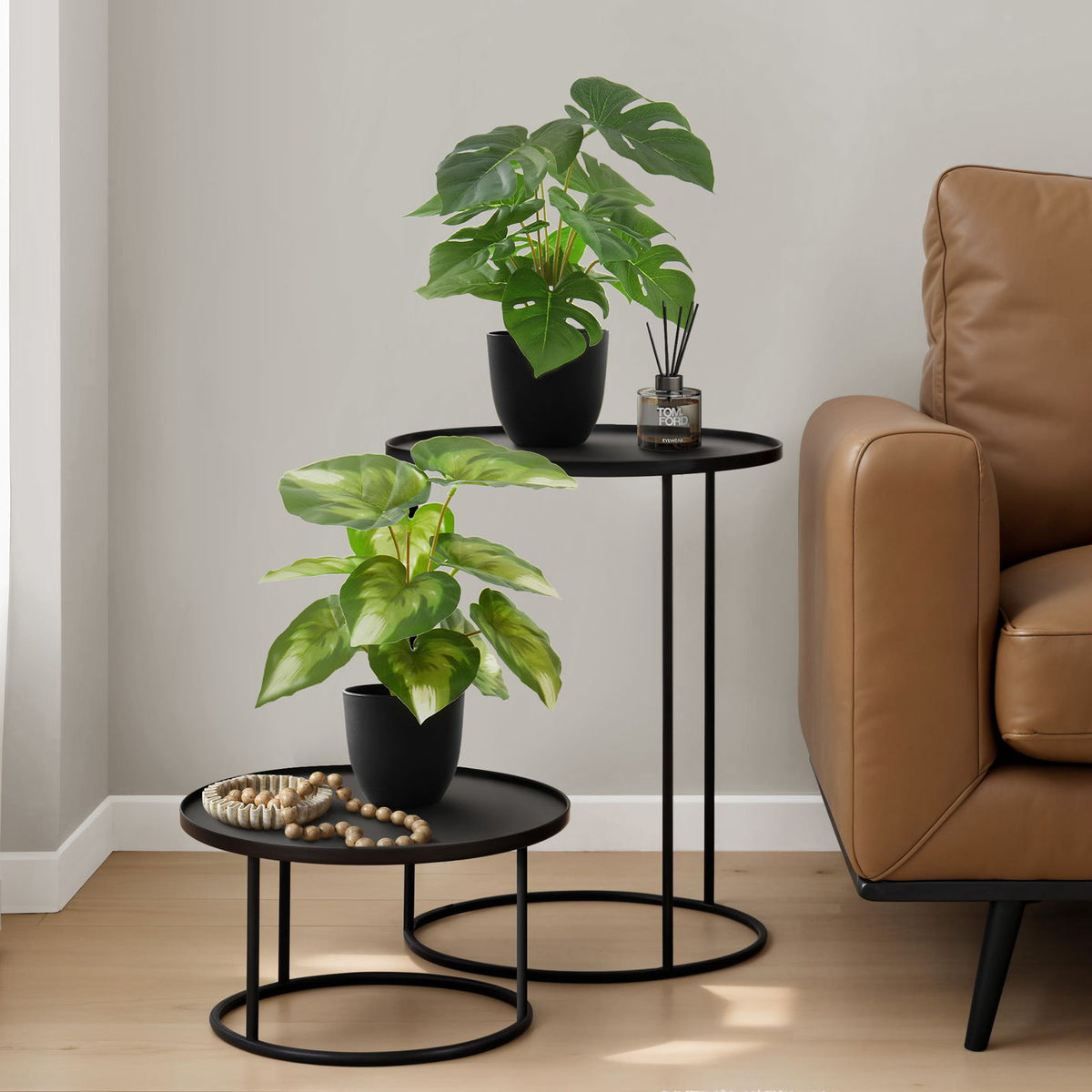 13" Tall, Artificial Plant, Monstera Calthea, Indoor, Faux, Fake, Table, Greenery, Potted, Decorative (Set of 2) - Green / Black