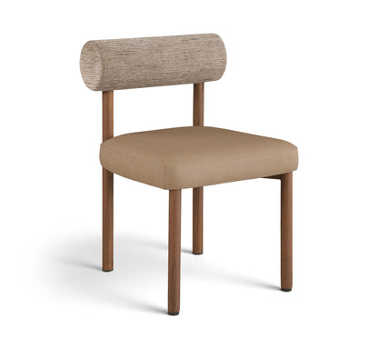 Light brown upholstered dining chair with chenille back, vegan leather seat, and wood legs.