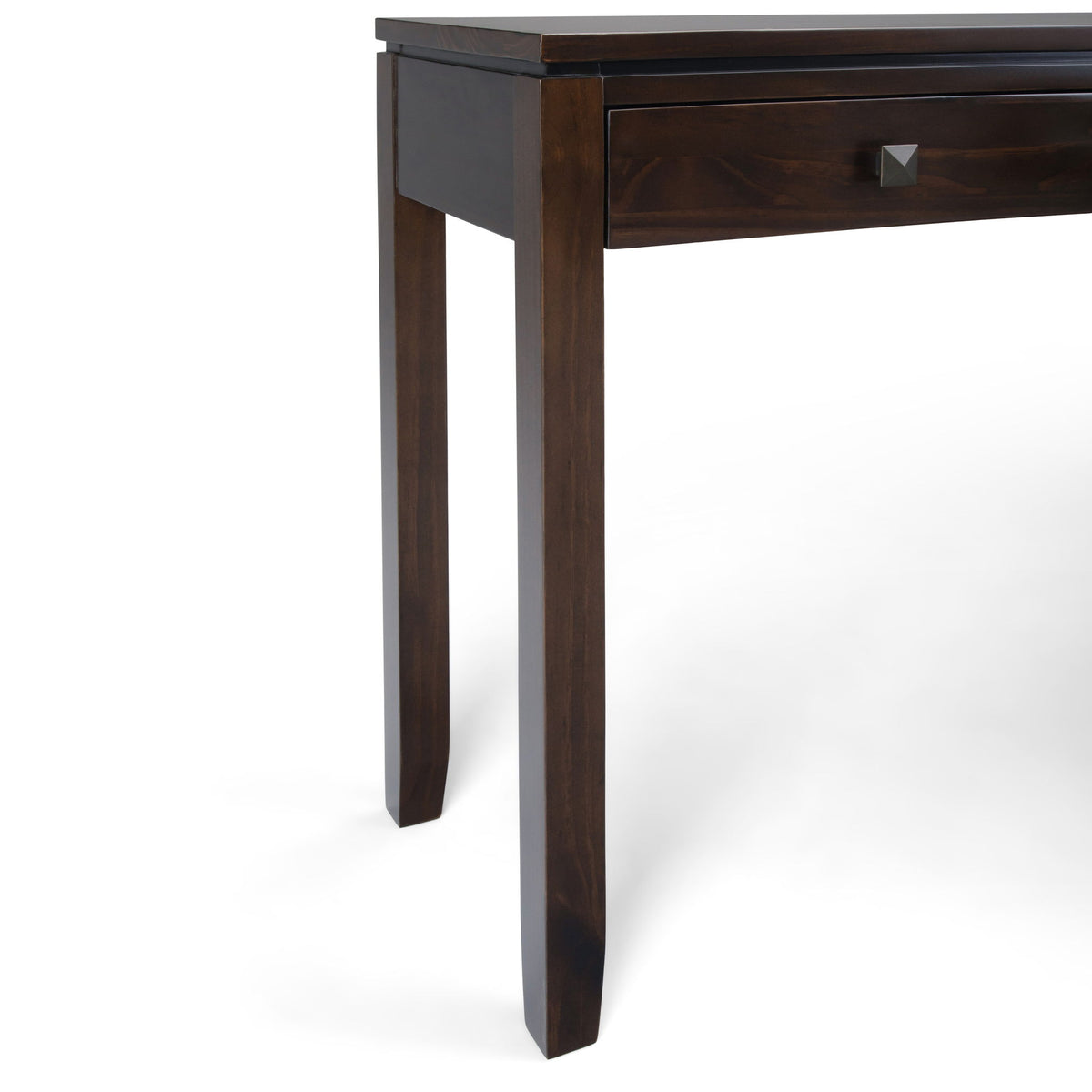 Mahogany brown console table corner with drawer and tapered leg detail