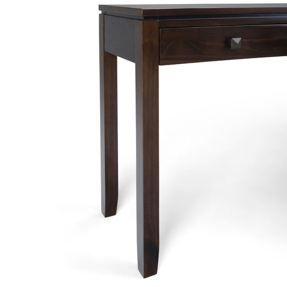 Mahogany brown console table corner with drawer and tapered leg detail