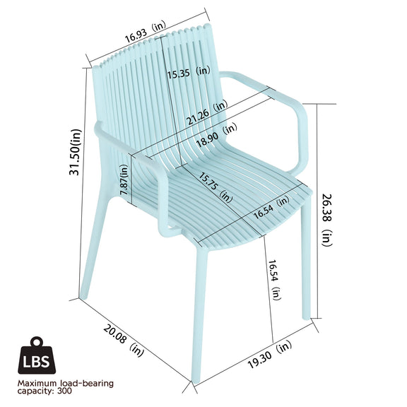 Light blue plastic armchair with ribbed seat and back, rounded armrests; dimensions shown