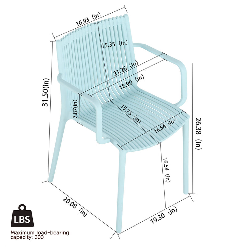Light blue plastic armchair with ribbed seat and back, rounded armrests; dimensions shown