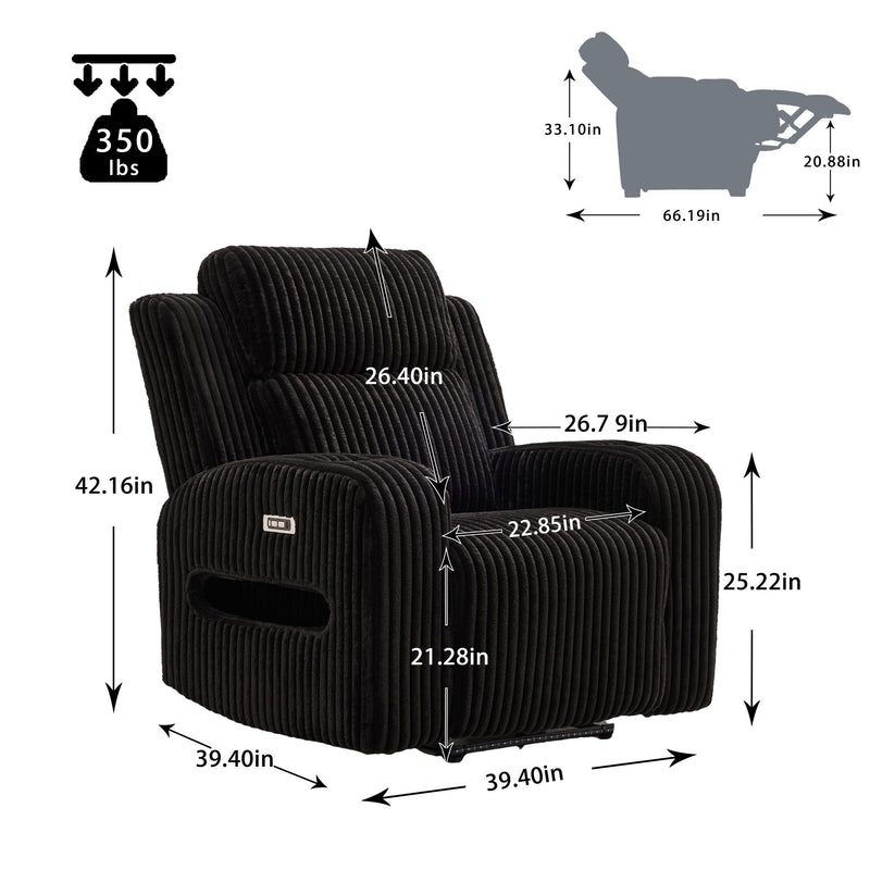 Black power recliner with arm cup holders and extended footrest, side view