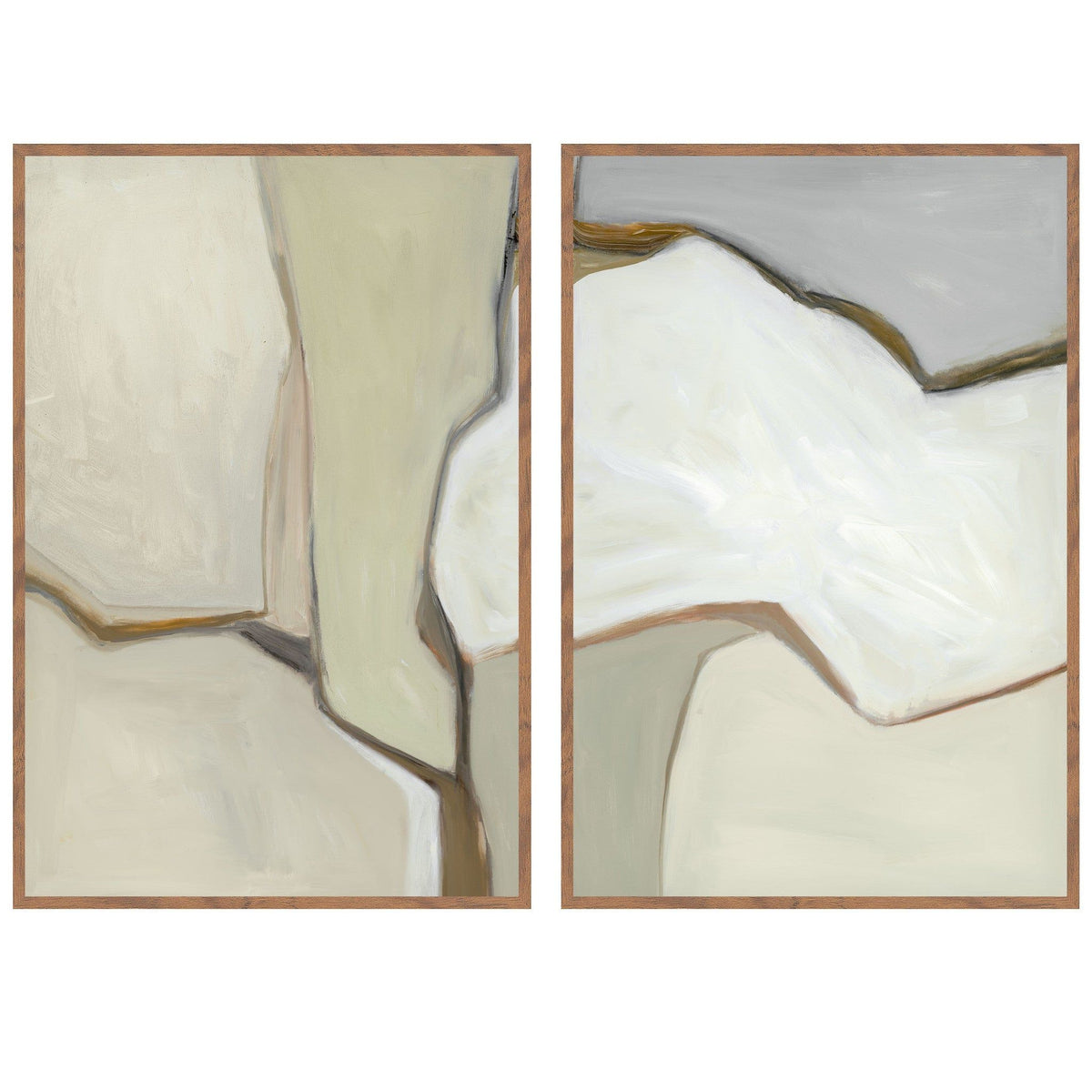 Walnut-framed abstract wall painting with off-white and gray sculpted shapes, two panels