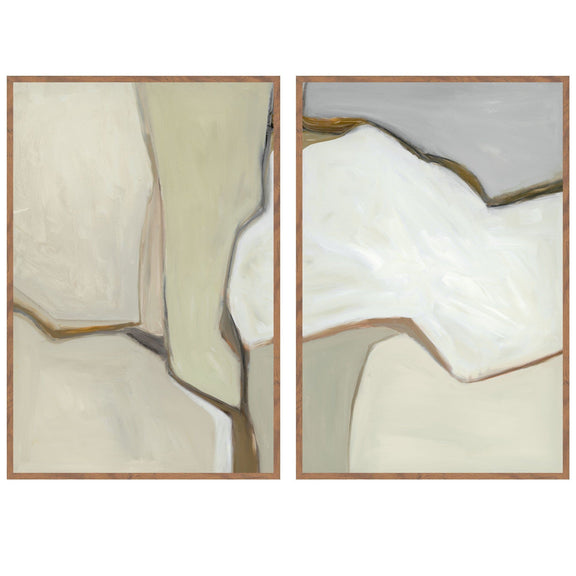 Walnut-framed abstract wall painting with off-white and gray sculpted shapes, two panels
