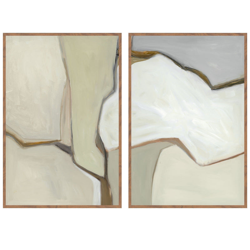 Walnut-framed abstract wall painting with off-white and gray sculpted shapes, two panels