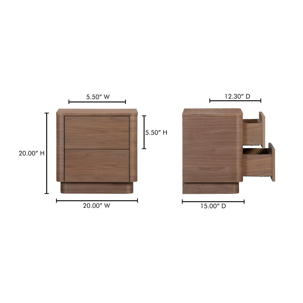 Walnut tall nightstand side view with two drawers and open shelf compartments.