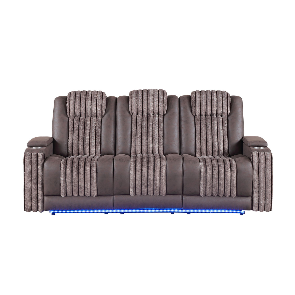 Power reclining sofa with power headrests, brown-toned gray upholstery and tufted back pads