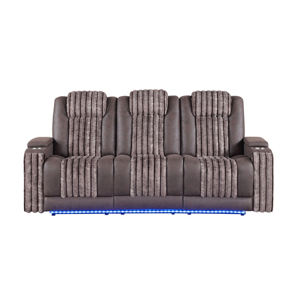 Power reclining sofa with power headrests, brown-toned gray upholstery and tufted back pads