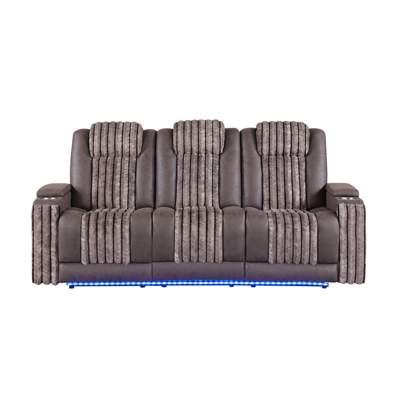 Power reclining sofa with power headrests, brown-toned gray upholstery and tufted back pads