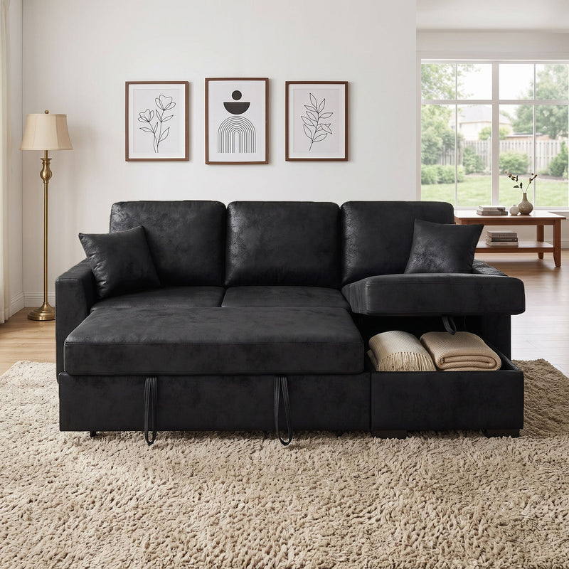 Black upholstered sectional with chaise storage and pull-out bed, tufted cushions
