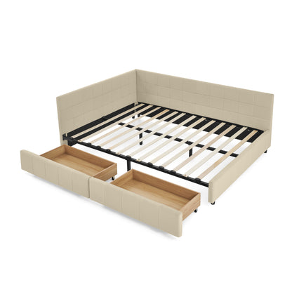 Beige upholstered tufted bed frame with backrest, armrests, and two storage drawers