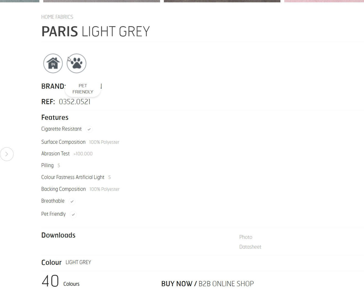 Light grey fabric product specification page with features and color details