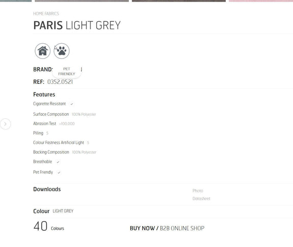 Light grey fabric product specification page with features and color details