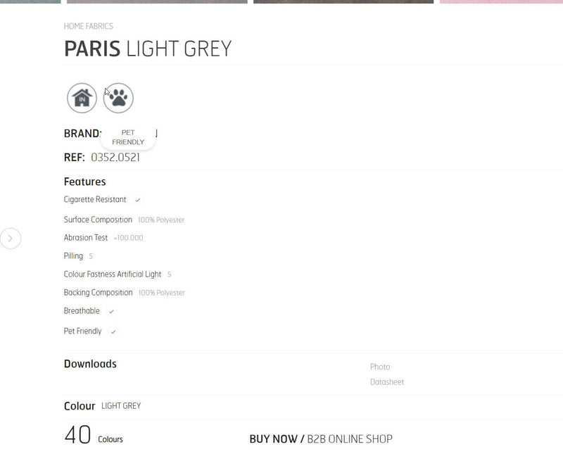 Light grey fabric product specification page with features and color details