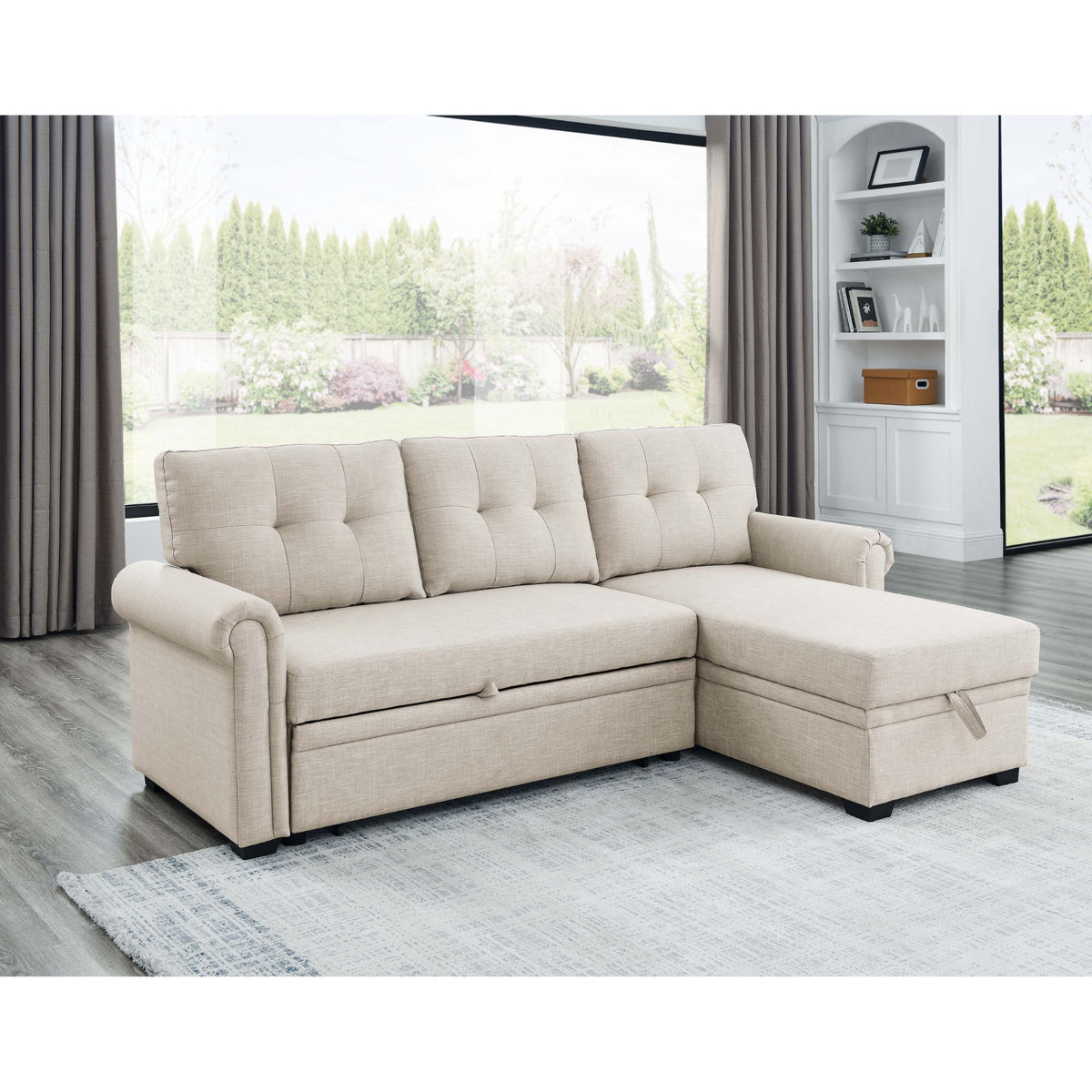 Beige upholstered sleeper sofa with storage chaise, tufted seat and L-shaped sectional view