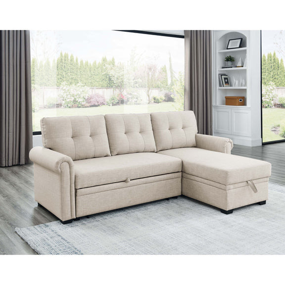 Beige upholstered sleeper sofa with storage chaise, tufted seat and L-shaped sectional view