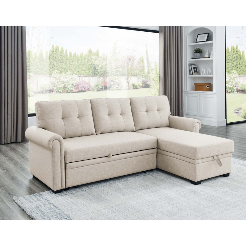 Beige upholstered sleeper sofa with storage chaise, tufted seat and L-shaped sectional view
