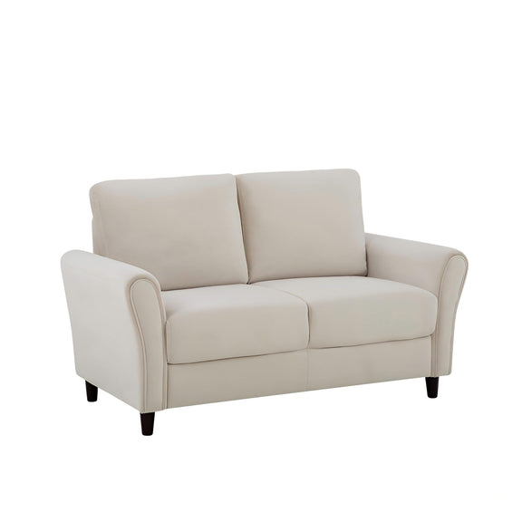 Beige curved-arm loveseat sofa with two seat cushions and padded backrest