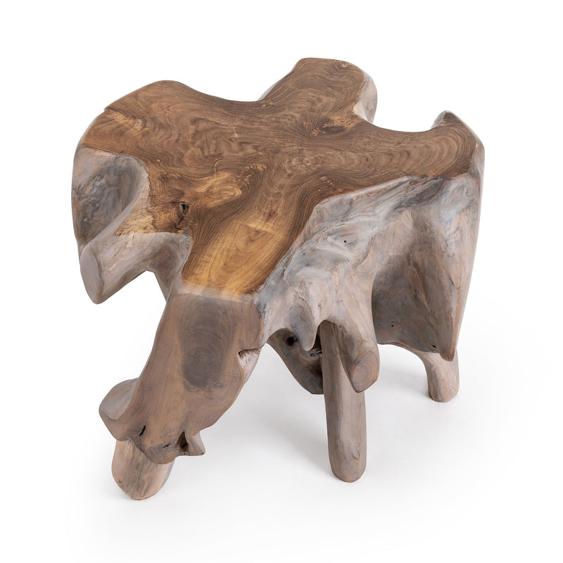 Root end table with mixed brown and whitewashed surfaces, rounded sculpted feet