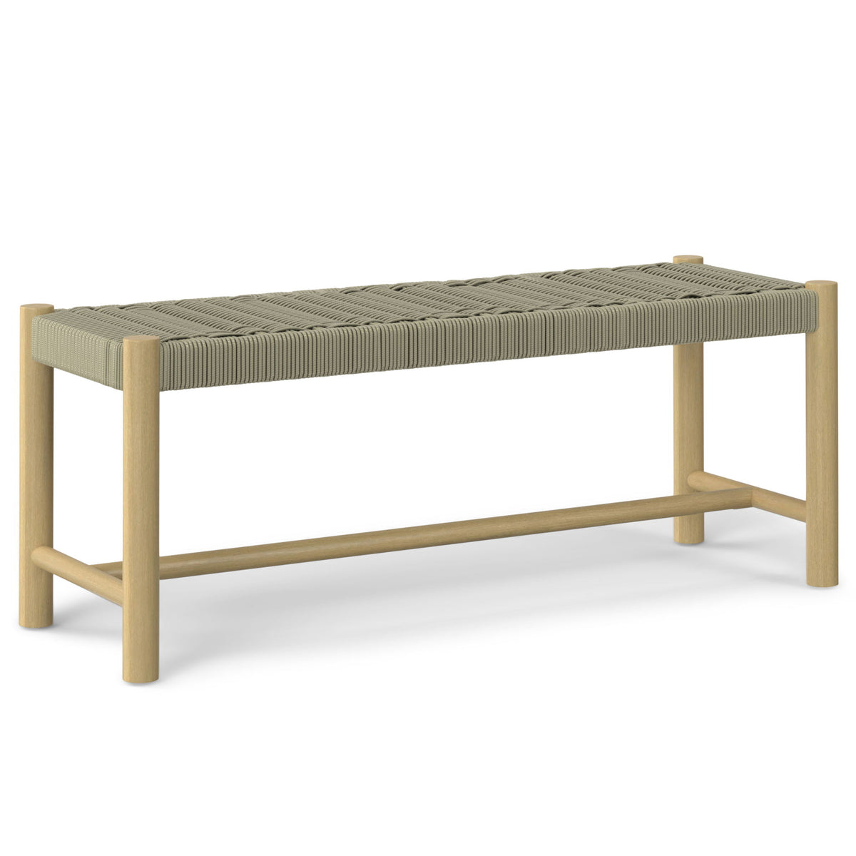 Gray woven outdoor bench with light wood frame and side support rails