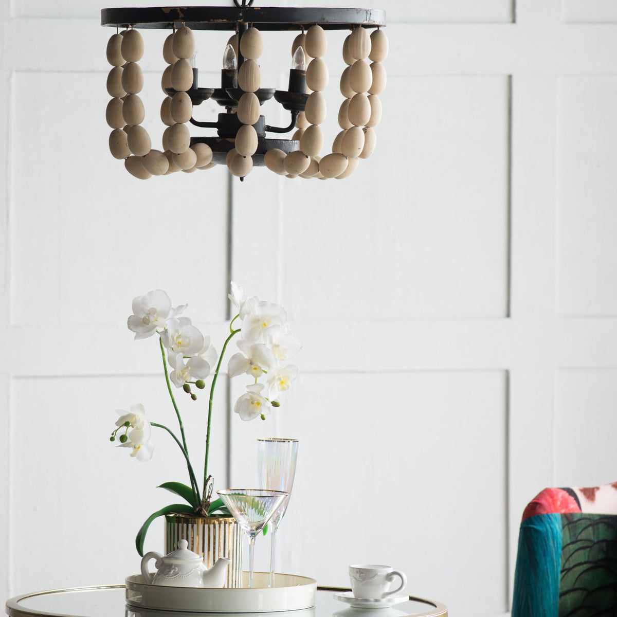4 Light Wood Chandelier, Hanging Light Fixture With Adjustable Chain For Kitchen, Bulb Not Included - Cream