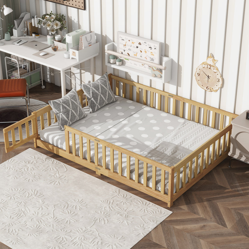 Full Size Floor Bed with Fence and Door, Rubber Wood Floor Bed with Safety Guardrails, Natural
