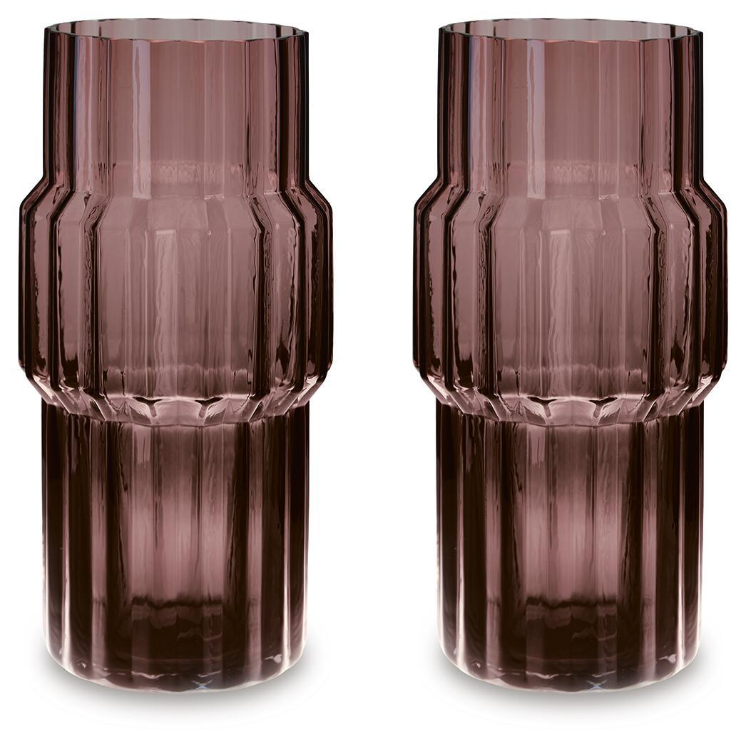 Set of two purple ribbed glass vases with flared rim and faceted base