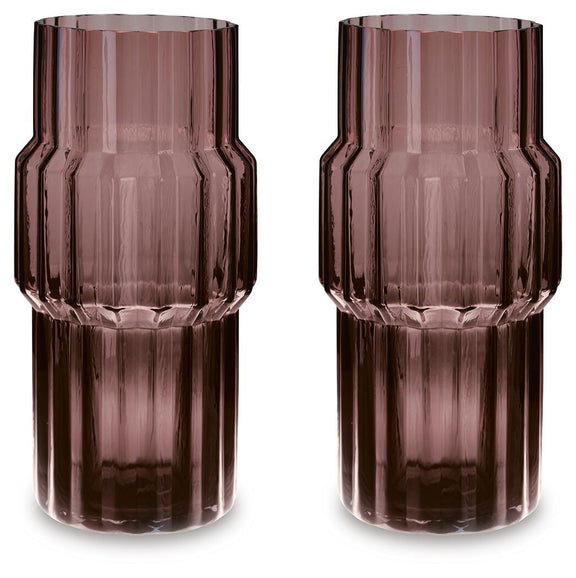 Set of two purple ribbed glass vases with flared rim and faceted base