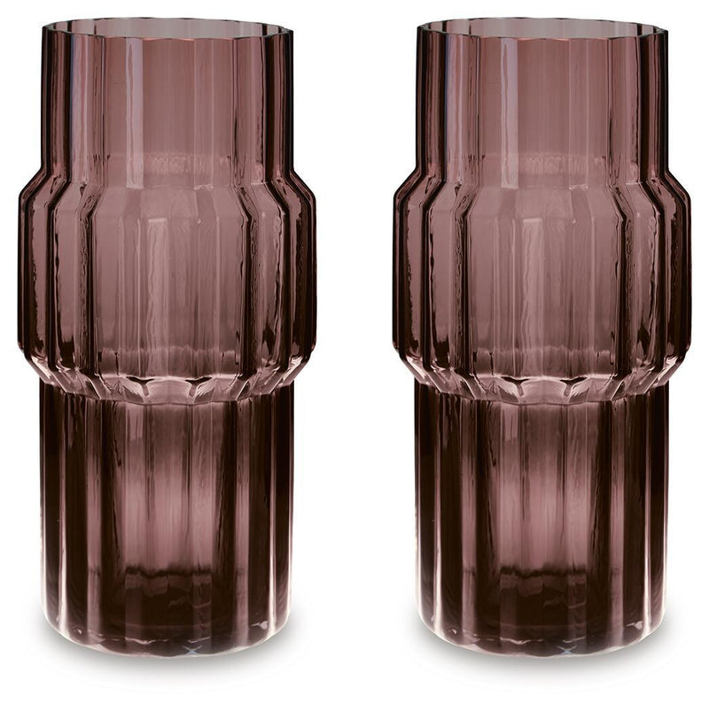 Set of two purple ribbed glass vases with flared rim and faceted base