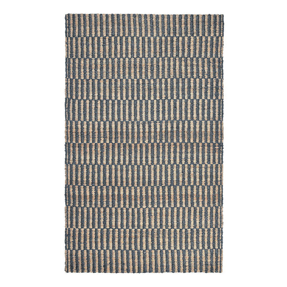 Blue jute rug with woven horizontal stripe pattern, rectangular flat lay