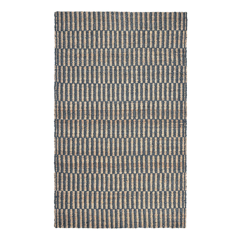 Blue jute rug with woven horizontal stripe pattern, rectangular flat lay