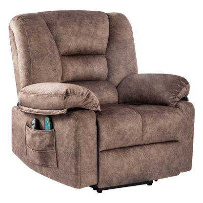 Dark brown power lift recliner chair with padded armrests and side storage pocket