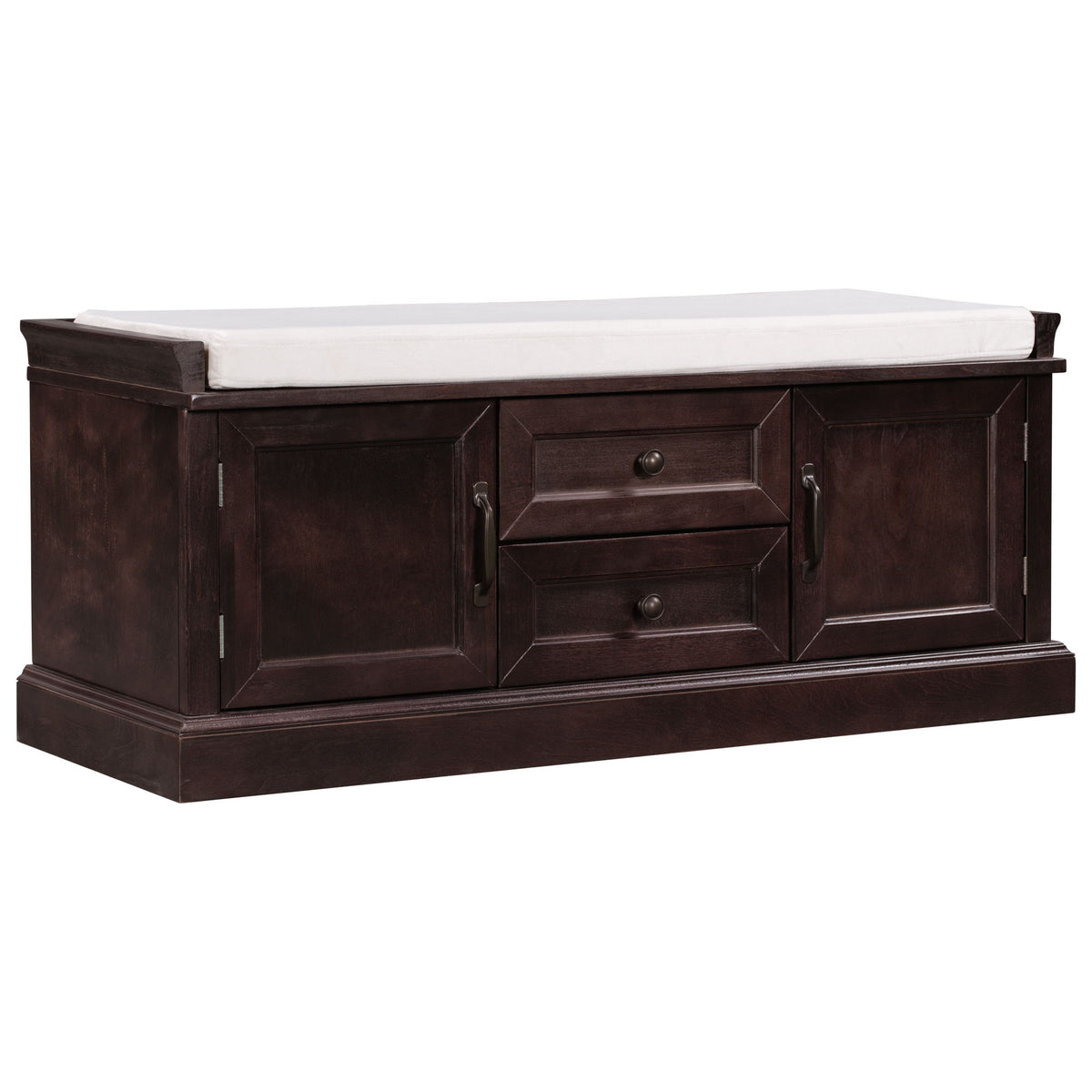 Dark brown storage bench with two cabinets, two drawers, and white padded top