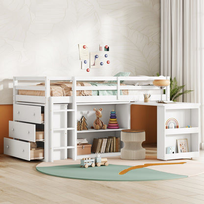 Twin Loft Bed w. stroage case,drawers, Twin Loft Bed with Drawer Cabinet, Shelf Cabinet and Pulling -Out Desk, Rubber Wood Loft Bed with Safety Guardrail, Ladder, White