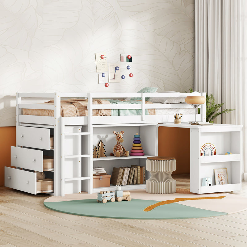 Twin Loft Bed w. stroage case,drawers, Twin Loft Bed with Drawer Cabinet, Shelf Cabinet and Pulling -Out Desk, Rubber Wood Loft Bed with Safety Guardrail, Ladder, White