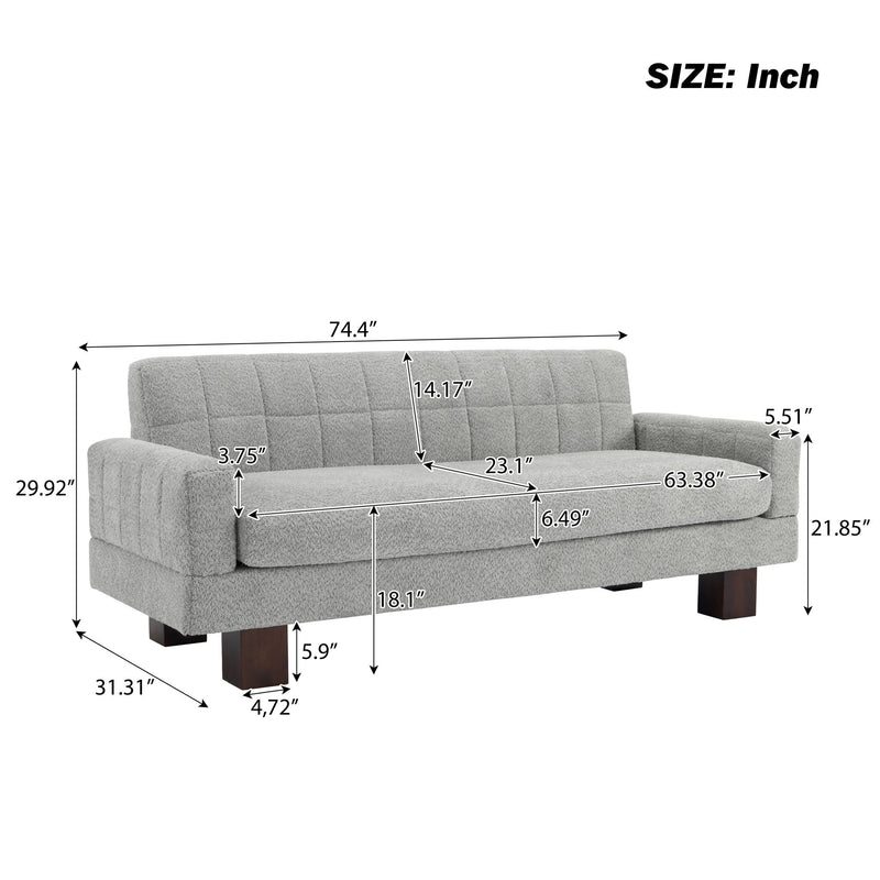 Two-seater loveseat sofa size diagram, light upholstery, square arms