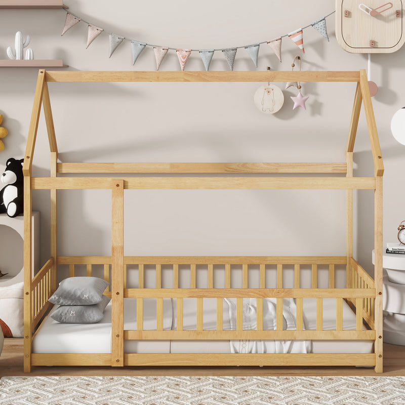 Twin Size House Floor Wooden Bed with Roof Frame, Safety Guardrails, Natural